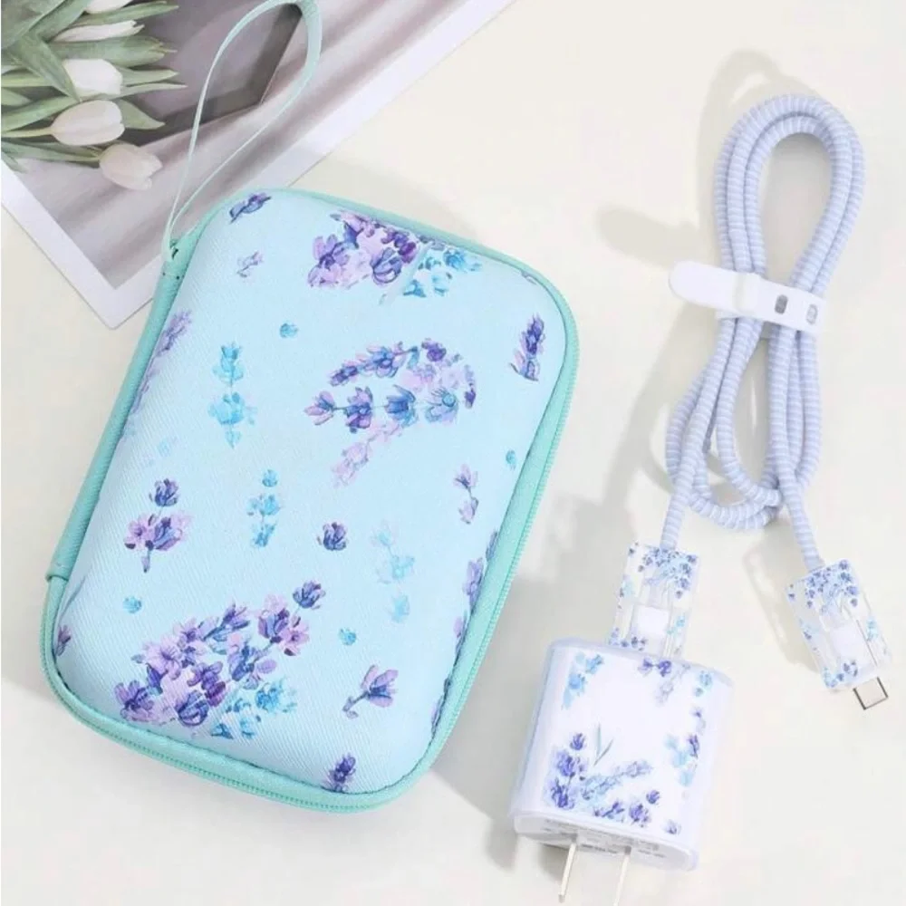 6pcs Floral Pattern TPU Data Cable Protector & Charger Head Cover & Storage Bag